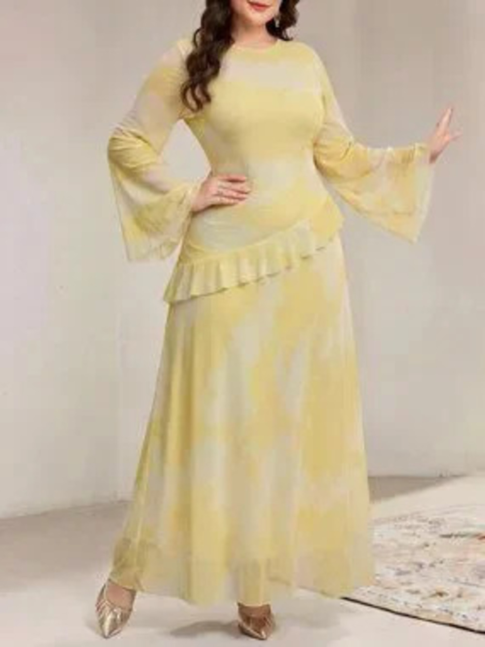Pale Yellow Elegant Party Plus Size Women's Tie-Dye Ruffle Hem Strappy Dress